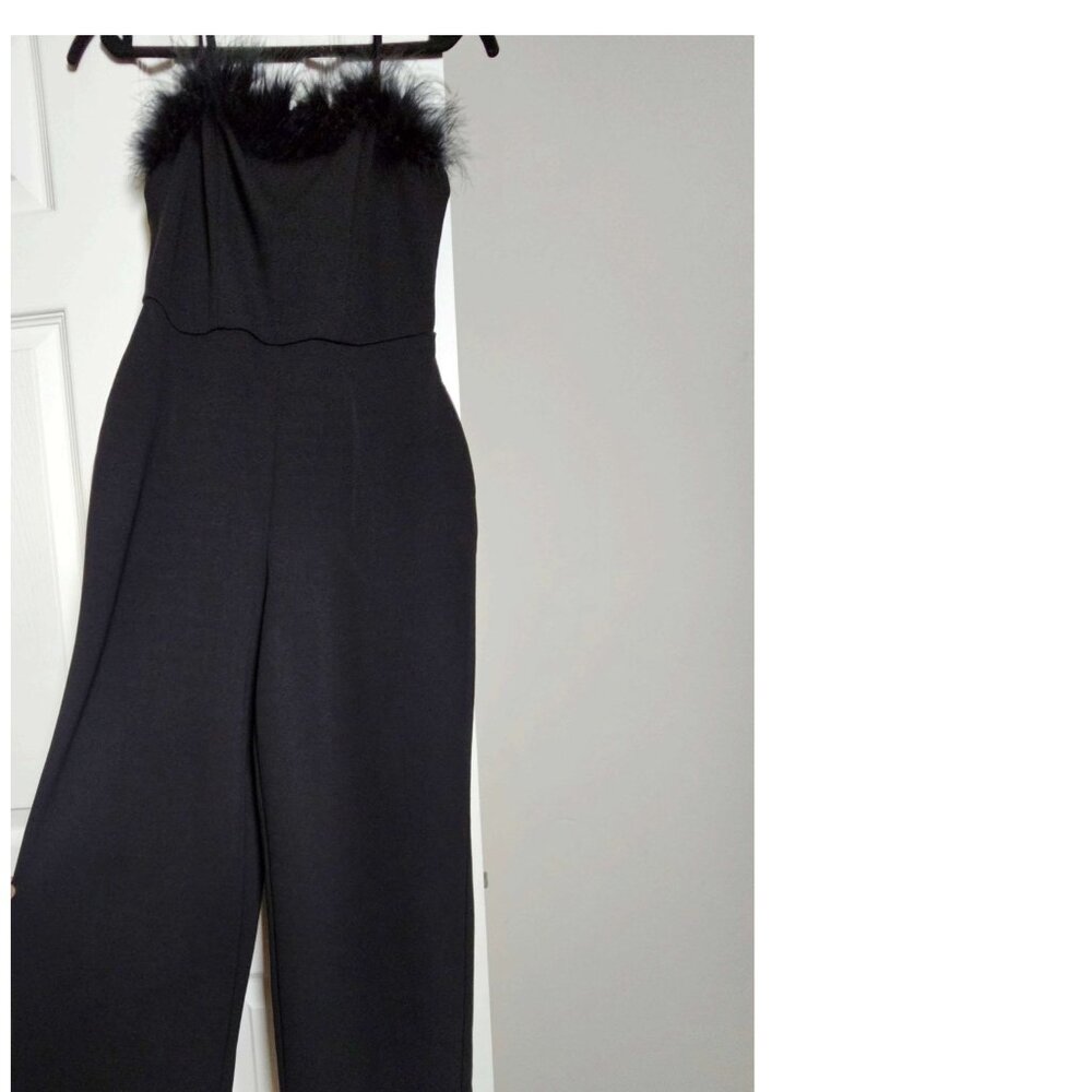 Crystal Sky Black Feather Trim Jumpsuit – Size S